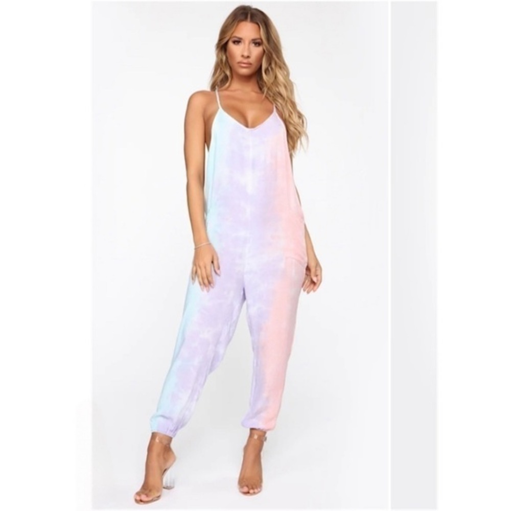 Fashion Nova Pastel Tie-Dye Jumpsuit in Lavender, Pink & Light Blue